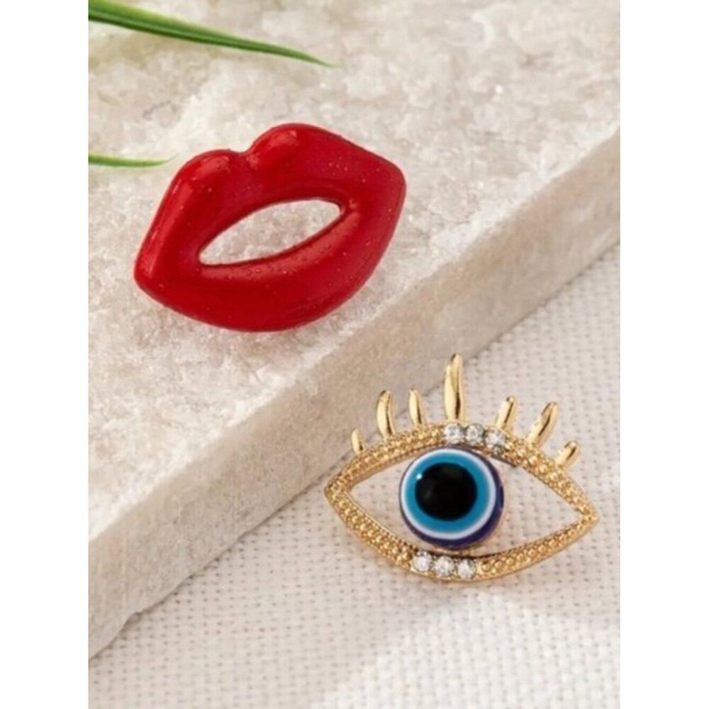 Red Lips and Evil Eye Pendant Stud Earrings - Picture 2 of 5